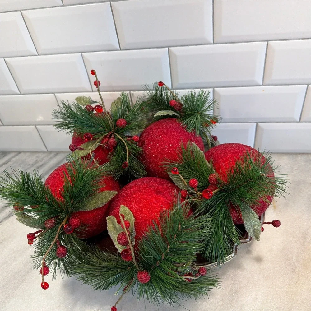 Set Of 5 Large Red Sparkle Christmas Balls With Pine And Cranberries